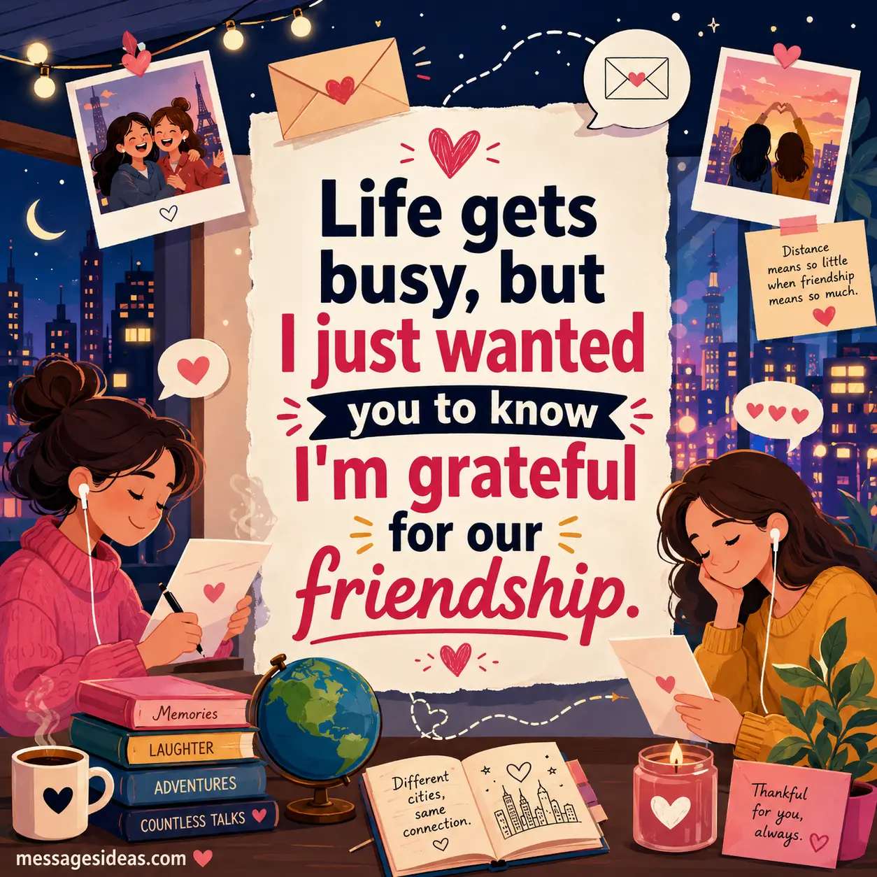 Modern flat vector friendship illustration featuring heartfelt long-distance connection and gratitude message about appreciating friendship despite busy life.