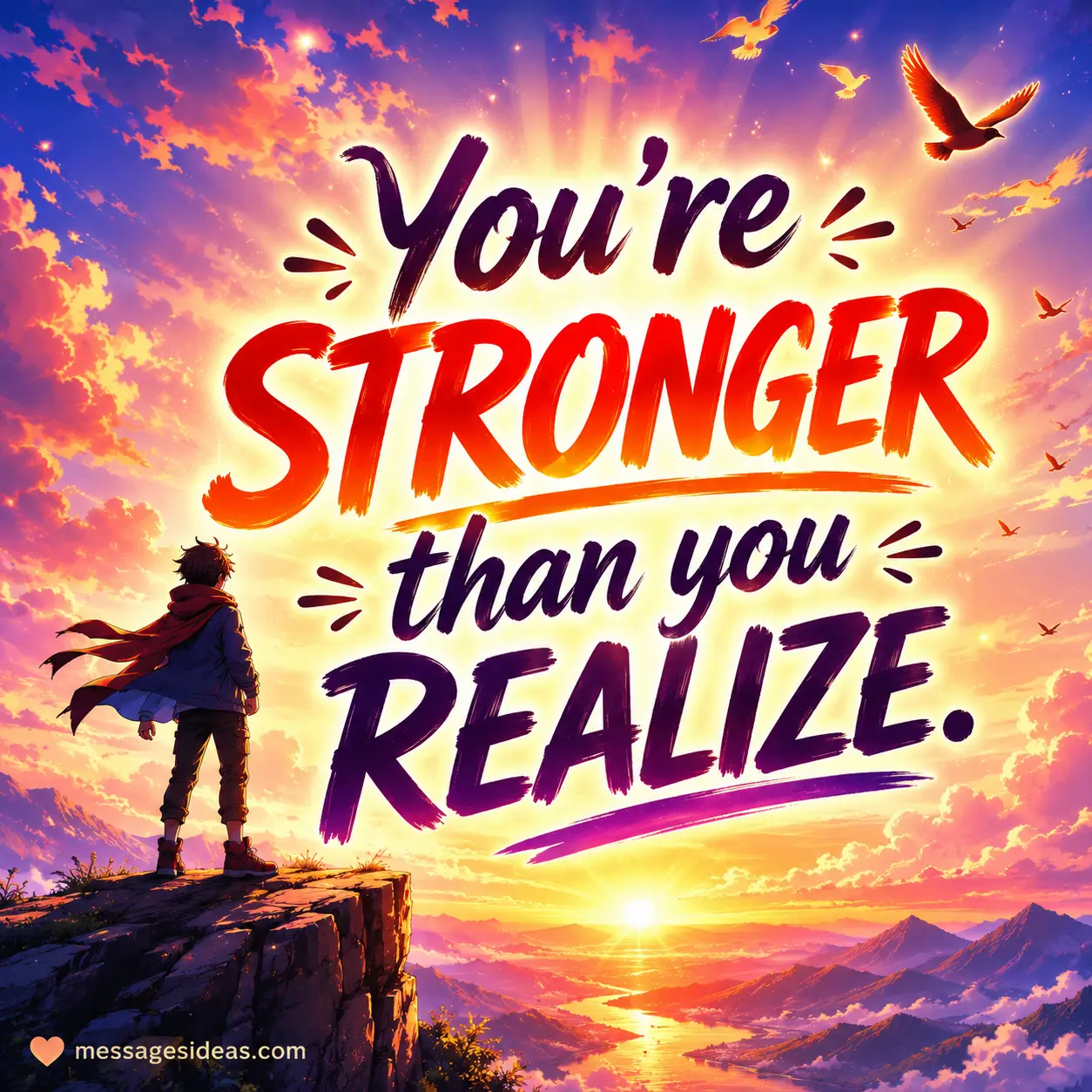 Inspirational anime-style mountain sunrise illustration with empowering quote encouraging inner strength and confidence during difficult moments.