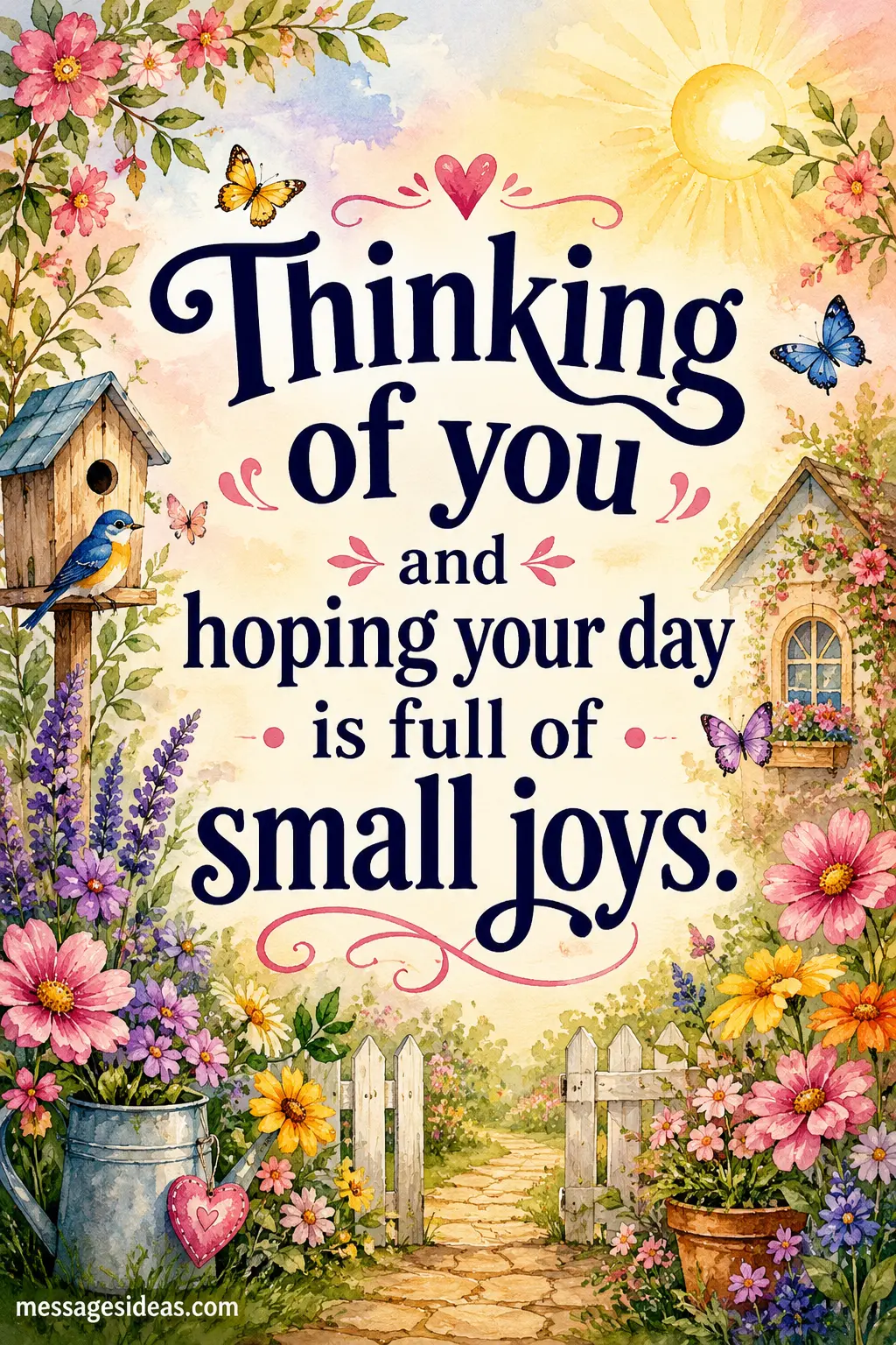 Whimsical watercolor illustration of a peaceful flower garden at sunrise with an uplifting thinking of you quote about small joys displayed in elegant typography.
