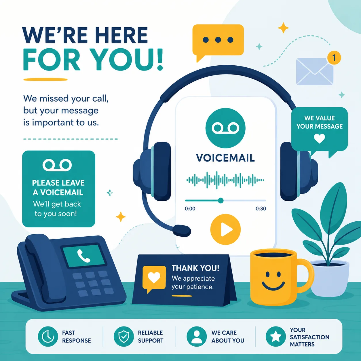 Customer support voicemail message with headset and phone icons