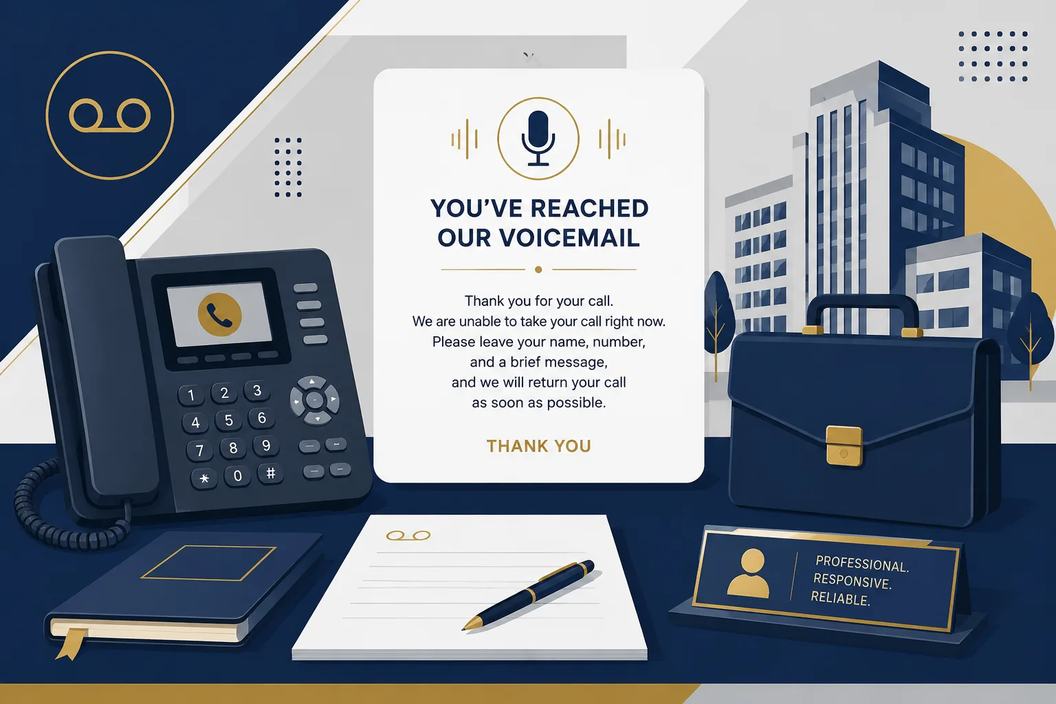 Formal corporate voicemail greeting with clean office desk illustration