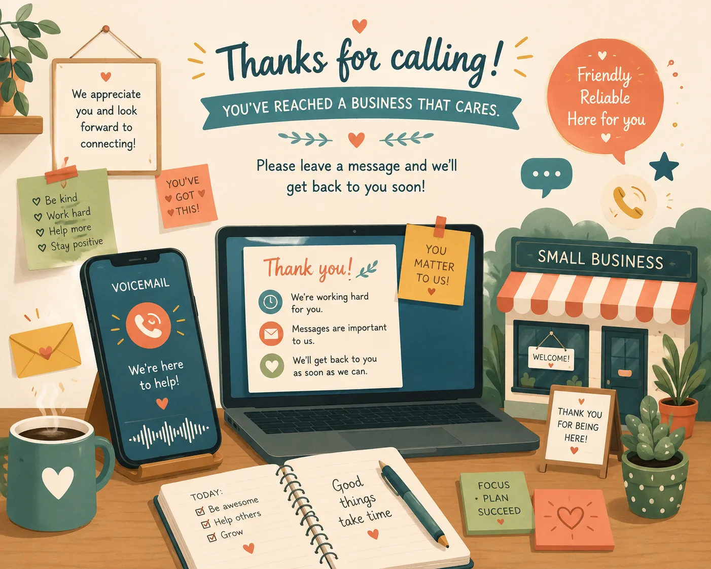 Small business voicemail greeting with startup workspace illustration